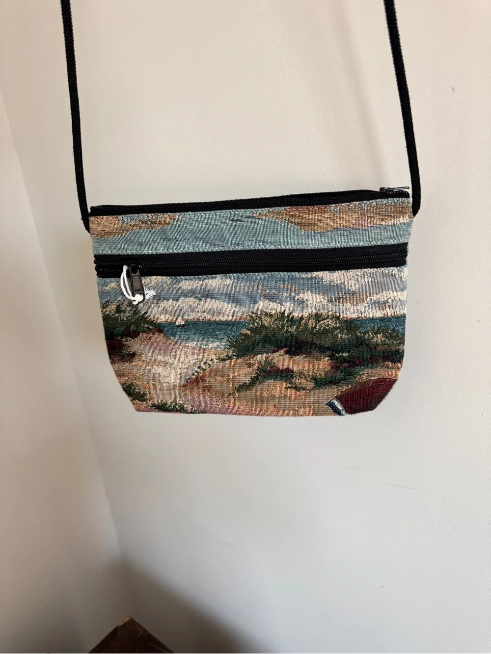Vintage Tapestry Coastal Scene Crossbody Bag